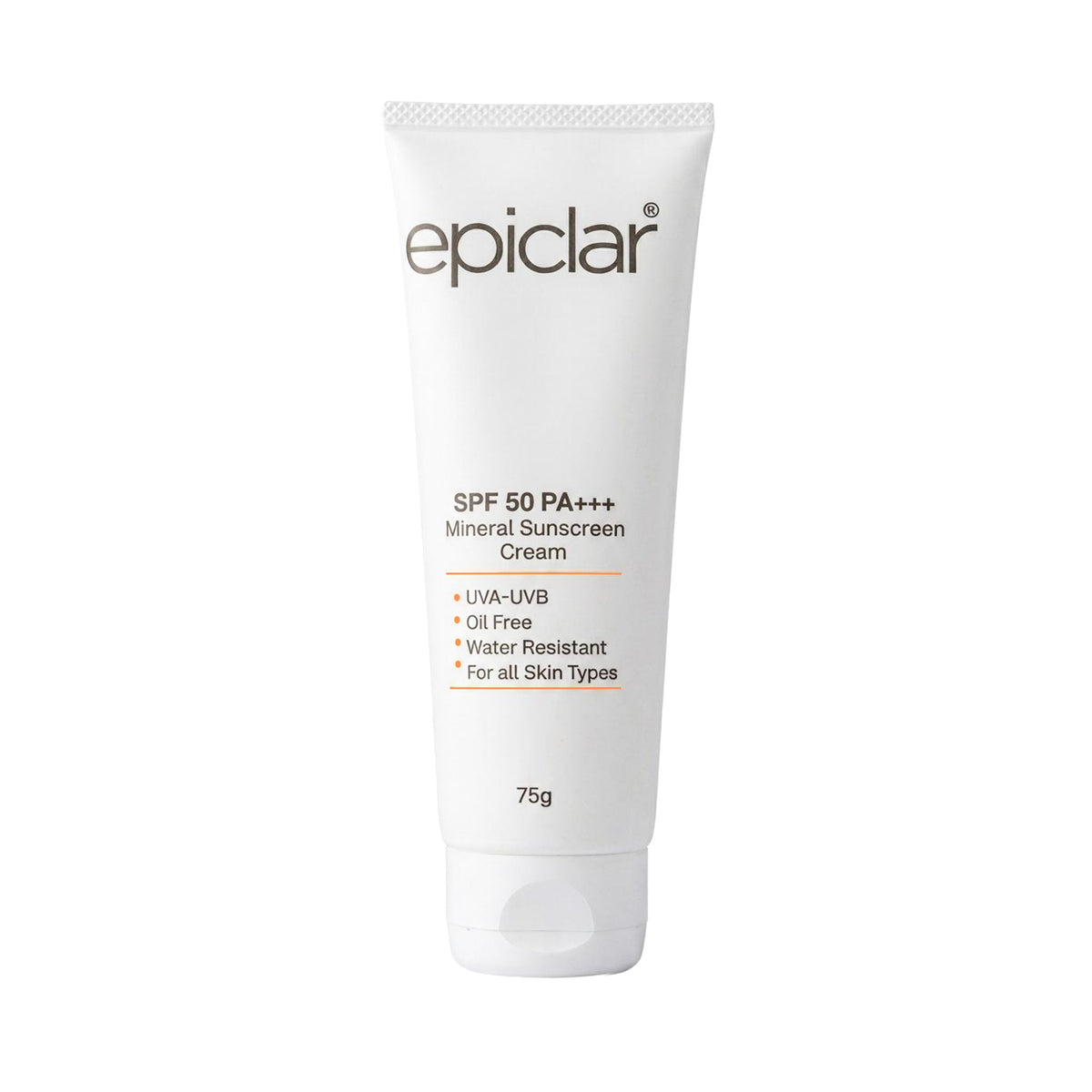 A 75g white squeeze tube of epiclar SPF 50 PA+++ Mineral Sunscreen Cream, featuring black and orange text on a clean white background.