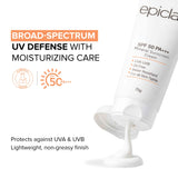 A white tube of EpiDra SPF 50 PA+++ Mineral Sunscreen Cream with orange and black text, shown with a dollop of white cream dripping from the tube on a white background. Promotional text highlights broad-spectrum UV defense and moisturizing care.