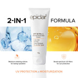 A white tube of EpiClar SPF 50 PA+++ Mineral Sunscreen Cream centered on a white background with promotional text and split visual panels showing blue water droplets and golden oil droplets. The text highlights 2-in-1 formula, UV protection, moisturization, oil-free formula, and water resistance.