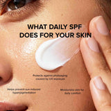 Close-up of a person's face with a swipe of white sunscreen cream on the cheek and text reading 'WHAT DAILY SPF DOES FOR YOUR SKIN' with additional benefits listed below.